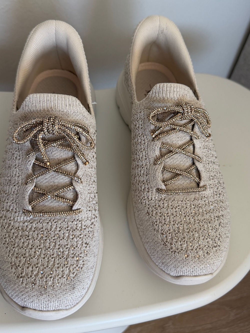 Light Beige Knit Slip-On Sneakers with Sparkle Laces
